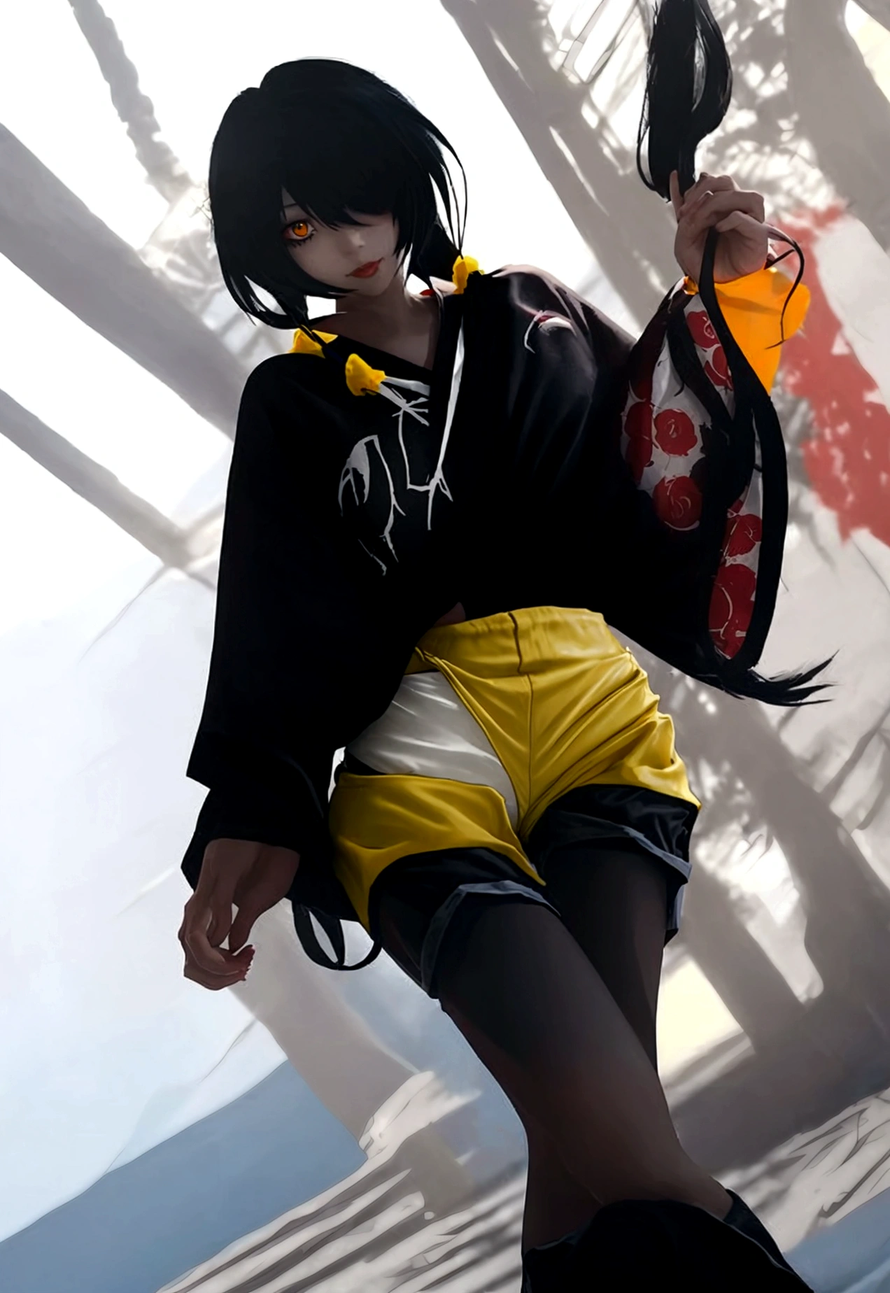 ultra-detailed,highly detailed, best quality,masterpiece, illustration, realistic, photo, photorealistic,
1girl, ((tokisaki kurumi)), ((cosplay)), hair over one eye, (right red eye, left yellow eye), looking at viewer, happy girl, (low twintail) , ((kimono)), (((Black hotpants))), hair rings, loafers,
(Outdoors), walking, ((beach))
