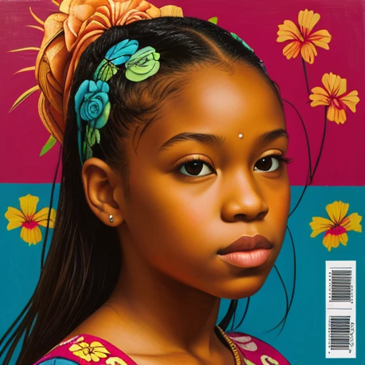 portrait of a girl inspired by kehinde wiley and keane pop art floral colorful folk pattern