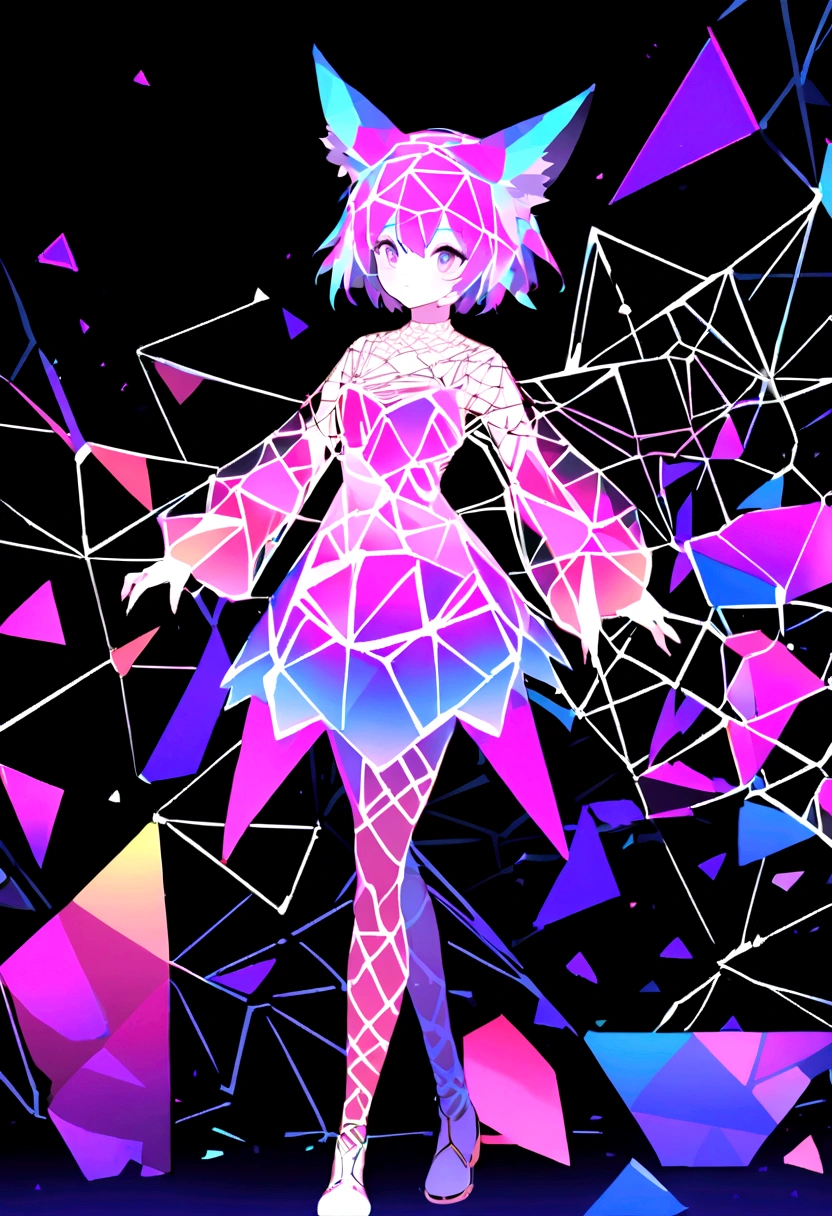 virtual glowing translucent holographic wireframe of a web of polygons making up a catgirl, black background, beach background, abstract polygon fractals, web of polygons