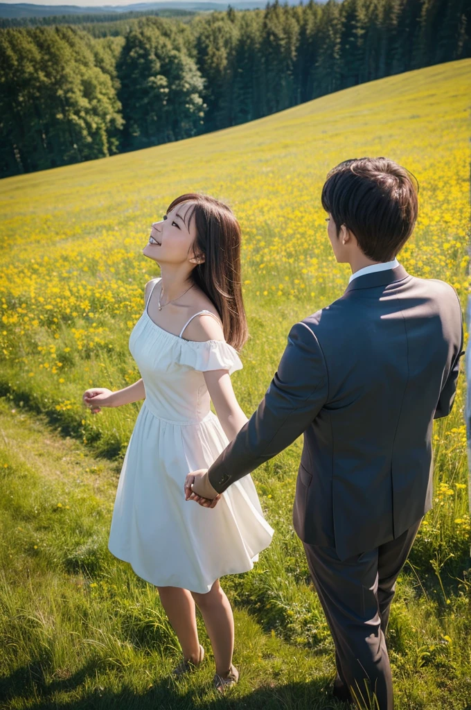 Hedin and a woman standing on a meadow holding hands、Looking up at the sky