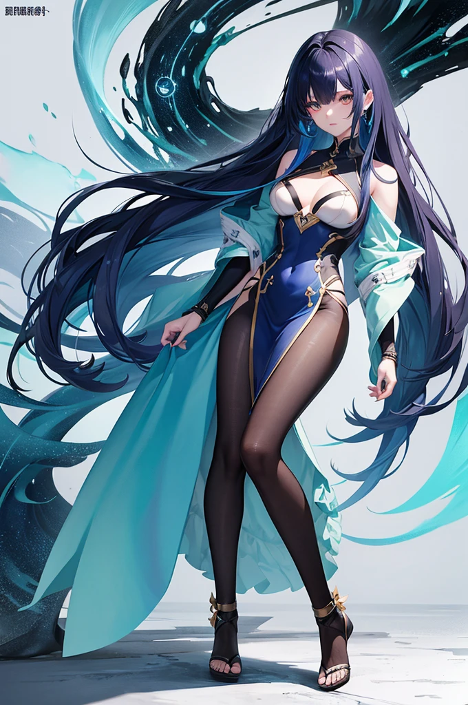 Her hair is a gradation of dark blue and dark green。17-year-old girl、Anime Style、Fantasy、Wear low-exposure clothing、Bust 86cm、height: 172cm、Weight 51 kg、Full body painting、Generate from the top of the head to the soles of the feet