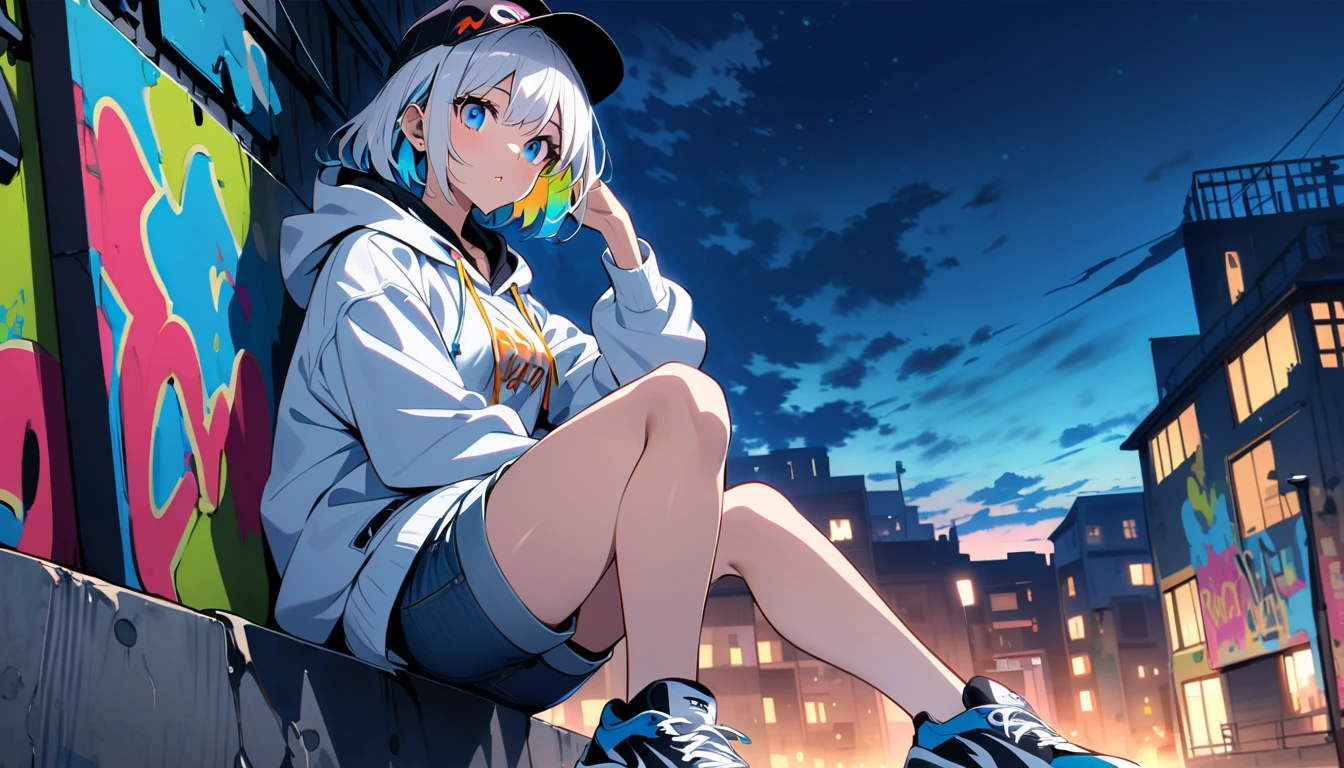 HD 8k Handsome sexy, Solitary, 1 female, Medium Length Hair, white hair, Rainbow hair, blue Eyes, Rainbow headphone, hoodie, colored hoodie, black Trucker Hat, hip-hop style big hooded jacket denim shorts, sneakers, Human focus,To sit on top of a wall and gaze at a town with a night view., outdoor, blue sky, White clouds, graffiti Popularity spray art wall,