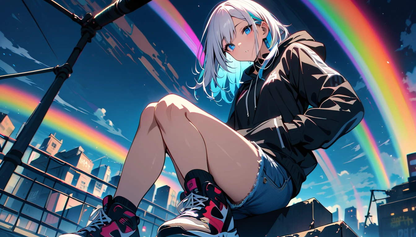 HD 8k Handsome sexy, Solitary, 1 female, Medium Length Hair, white hair, Rainbow hair, blue Eyes, Rainbow headphone, hoodie, colored hoodie, black Trucker Hat, hip-hop style big hooded jacket denim shorts, sneakers, Human focus,To sit on top of a wall and gaze at a town with a night view., outdoor, blue sky, White clouds, graffiti Popularity spray art wall,