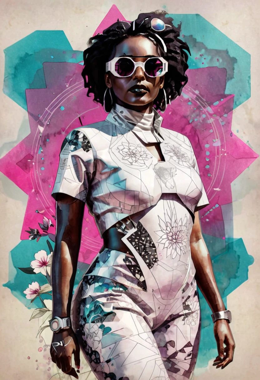 "Full body, water colors, ink drawing, beautiful cyberpunk Sudanese woman, wearing smart digital sunglasses,  floral background, geometric, in the style of Afrofuturism