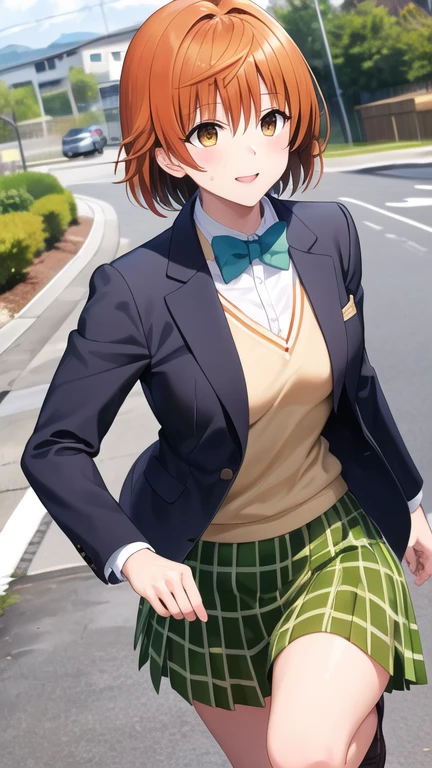 masterpiece, best quality, highres, aariko, short hair, brown eyes, , blue bowtie, blazer, yellow jacket, long sleeves, plaid skirt, green skirt, running, sweat, outdoors, road,