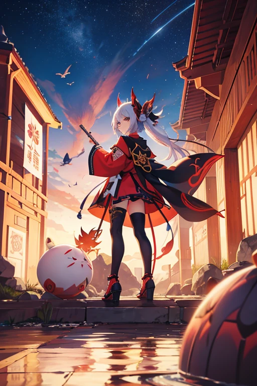 Cartoon characters taking photos in front of a giant red object, onmyoji, WLOP and Sakimi-chan, Zerochan Art, from East, commission, East, nixeu and sakimichan, by Kamaguruka, Obscene, mika kurai demon, The Detailed Art of the Onmyoji
