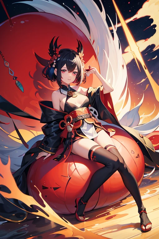 Cartoon characters taking photos in front of a giant red object, onmyoji, WLOP and Sakimi-chan, Zerochan Art, from East, commission, East, nixeu and sakimichan, by Kamaguruka, Obscene, mika kurai demon, The Detailed Art of the Onmyoji