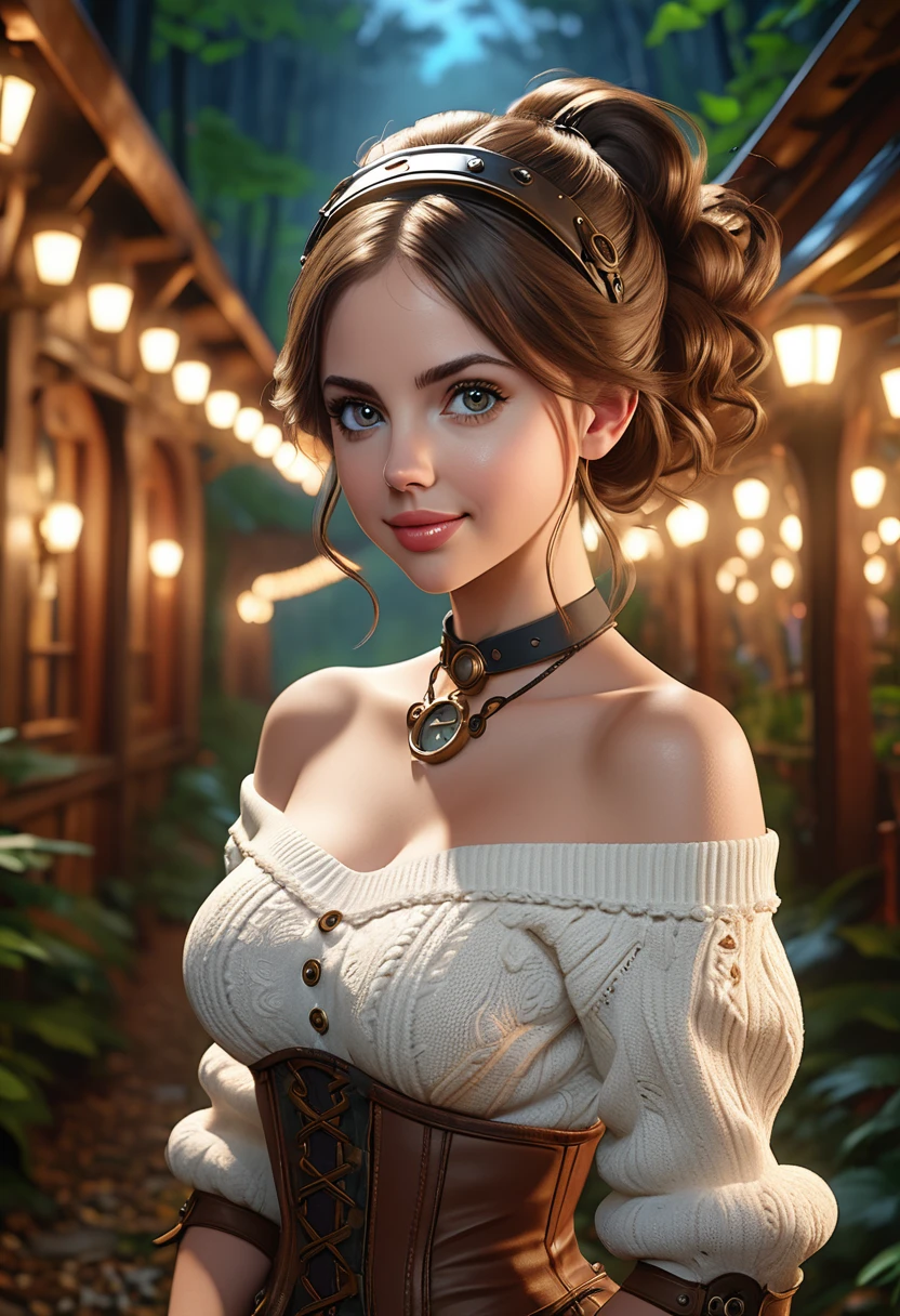 steampunkai。One Girl。Mechanical fairy。(smile)。(Close ~ eyes)。Floating in the air。Full body portrait。masterpiece, best quality, highly detailed, wintails, off-shoulder sweater, choker, jacket, hairband, looking at viewer, Wide Smile, Eyes Detailed & Wide, sexy Pose. Ultra HD, Rococo-Inspired Fantasy Art With Intricate Details. Cute, Charming Expression, Alluring-Gaze, looking at viewer Beautiful Eyes, An-Ideal-Figure. Large Youthful Well-Shaped-Breasts, Massive-Round-Bosom, Décolletage. slim waist, fit body, full lipsWarm lights , woman in a dreamy forest at night, with fluffy hair, delicate face, realistic, real, slim, large aperture, sexy shots, attractive poses,Stunnin gly beautiful merge of Scarlett Johanson. Alison Brie, Selena Gomez. symmetrical face, photorealistic, photography, path tracing, specular lighting, volumetric face light, path traced hairmaximum quality{(masutepiece) (8K High Resolution) (top-quality) In the style of breath of the wild.