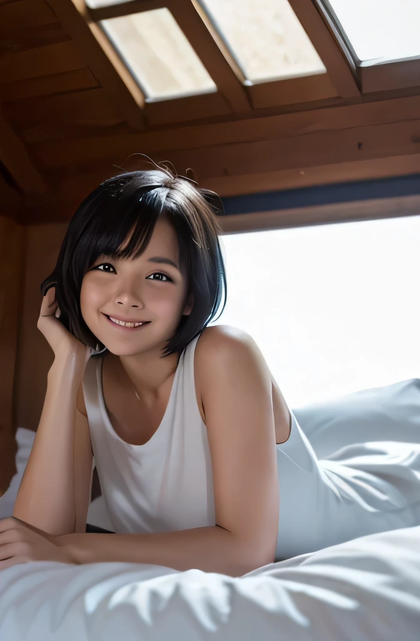 One girl, short hair,Black Hair,smile,Inside the room, summer,bed,Sit down,Female announcer,one piece,Down to the feet,Look at this,transparent, (masterpiece, Highest quality), Soft Light, Structure of the film, Information like a movie