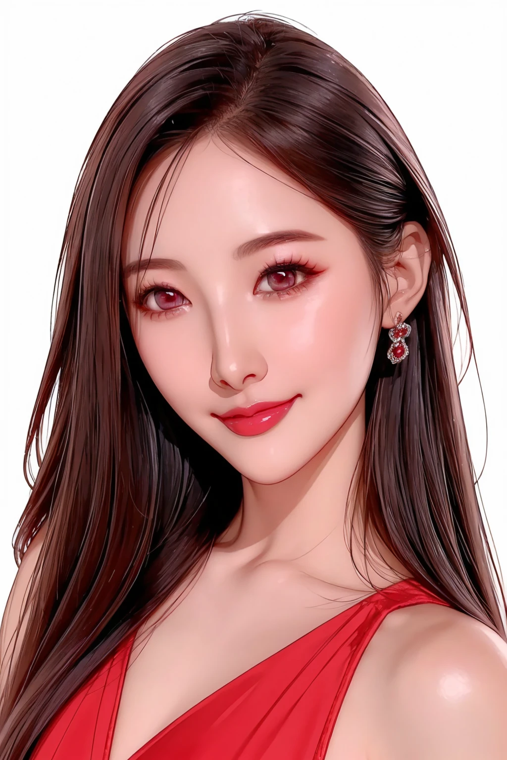 (super fine illustration) Amazing eyes、Perfect Lips、And a beautiful girl with a captivating smile、upper body Detailed and realistic portrait、Super detailed、16K、masterpiece、high quality、Negative Space、blush、eye shadow、Perfect Skin、Refined facial features、Elegant look、Smiling Lips、Dark Eyes Chinese Model、Silky super straight long hair、Photorealistic Eyeline、Clear Eyes、White background only、Sexy adult look、red dress with open neck