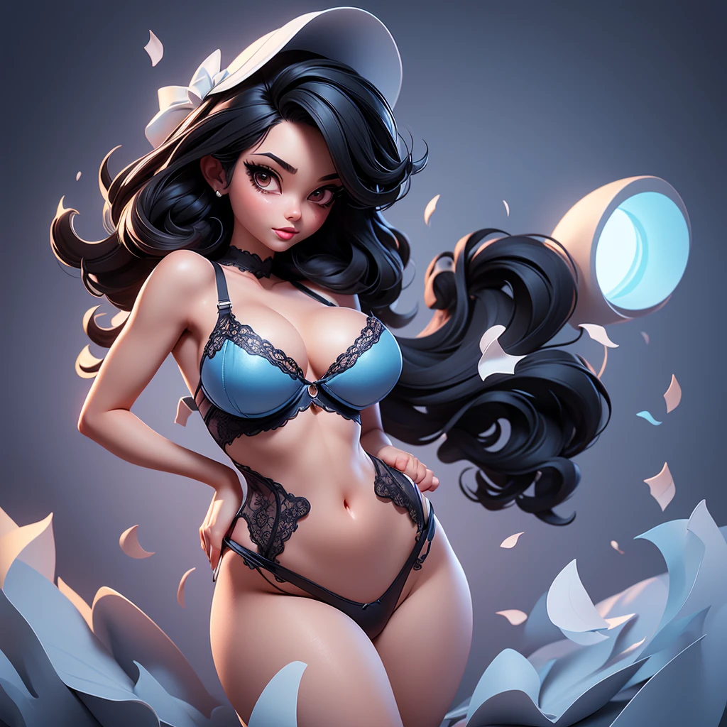  A sexy cartoon woman in blue lingerie posing gracefully for a photo, sexy lingerie beauty, wavy black hair, lingerie, inverted triangle body type, Waist slender, cebelos black sexy girl, mulher de corpo inteiro, wearing sexy lingerie, beautiful seductive woman, slender figure, cartoon vector style, corpo pin-up, Broad Hips