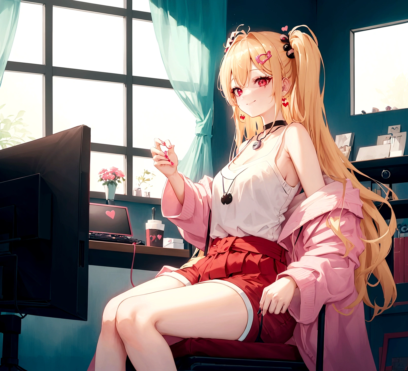 ((최고의 품질)), ((걸작)), (상세한), 여자 1명, Create an anime-style digital artwork of a character with long, straight blonde hair and bright red eyes. The character is wearing a white cardigan over a black tank top and dolphin shorts. She is accessorized with a pink heart pendant choker and long, decorative earrings. Her hair features a red heart and skull hairpin on the side. The character is sitting in her room in front of a desktop computer, smiling warmly. The background should show a cozy room with soft lighting, with elements like a computer desk, monitor, and some personal items scattered around. The overall mood should be relaxed and inviting, capturing the essence of a casual day indoors.