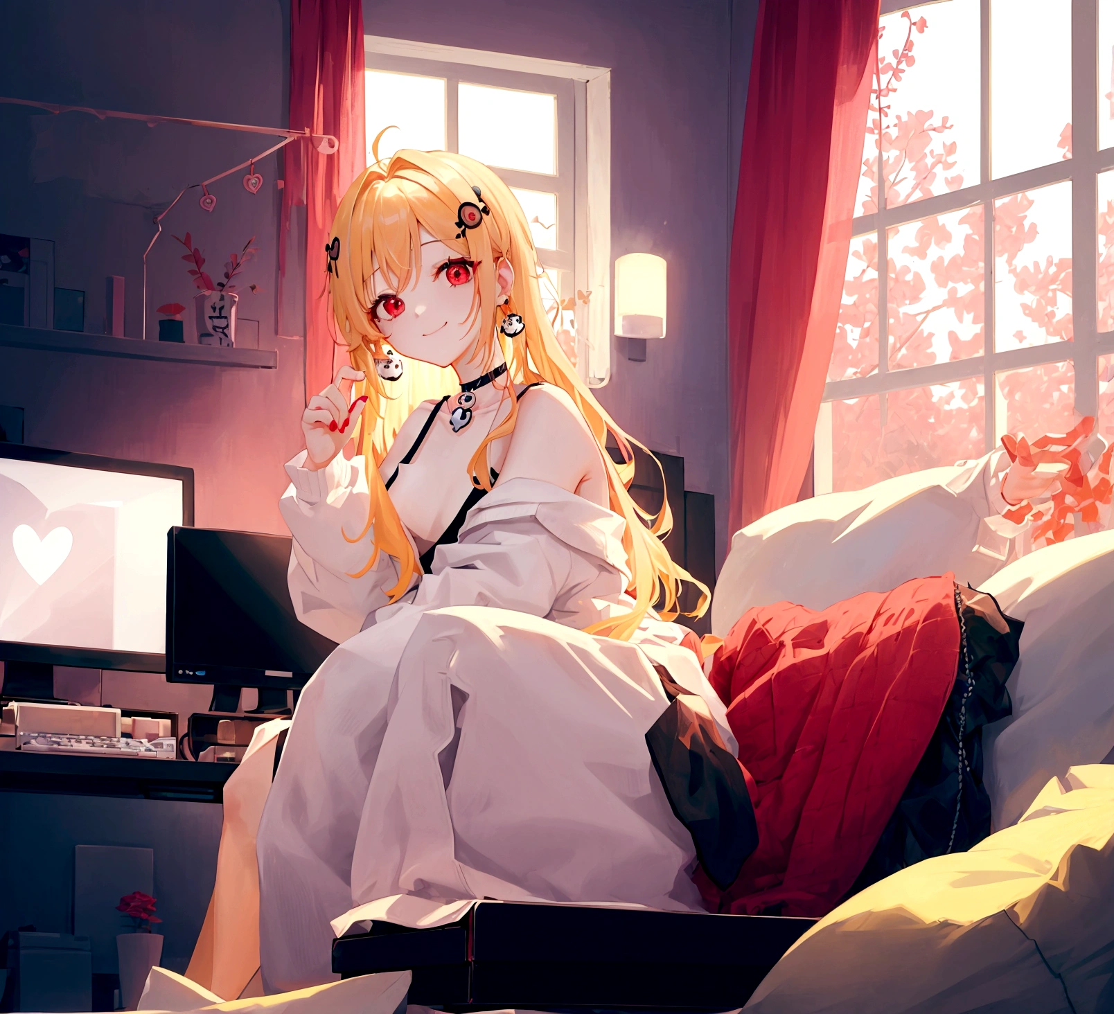 ((최고의 품질)), ((걸작)), (상세한), 여자 1명, Create an anime-style digital artwork of a character with long, straight blonde hair and bright red eyes. The character is wearing a white cardigan over a black tank top and dolphin shorts. She is accessorized with a pink heart pendant choker and long, decorative earrings. Her hair features a red heart and skull hairpin on the side. The character is sitting in her room in front of a desktop computer, smiling warmly. The background should show a cozy room with soft lighting, with elements like a computer desk, monitor, and some personal items scattered around. The overall mood should be relaxed and inviting, capturing the essence of a casual day indoors.