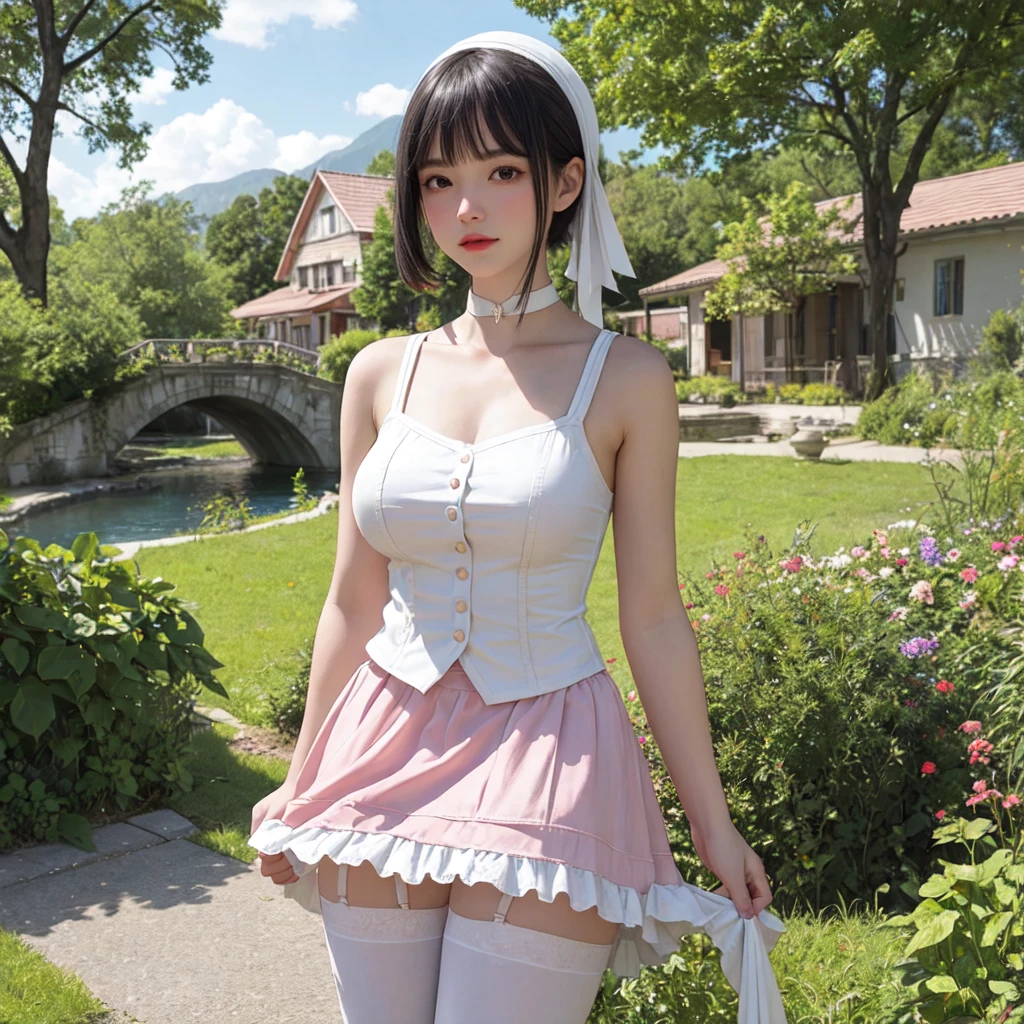 (best quality), masterpiece, Extremely detailed CG8K painting, high color, Extremely high color saturation, All colors are deepened, central composition, Extremely detailed light and shadow, The face and eyes are very detailed, medium length hair, sportswear, colorful clouds,beautiful nature,landscape,short black hair,white spaghetti strap dress,black hair,short hair,Punk style clothing,white hair,White spaghetti strap vest,Pink skirt,white stockings,white pantyhose,Medium breasts,ite,loli,cute,Double tail