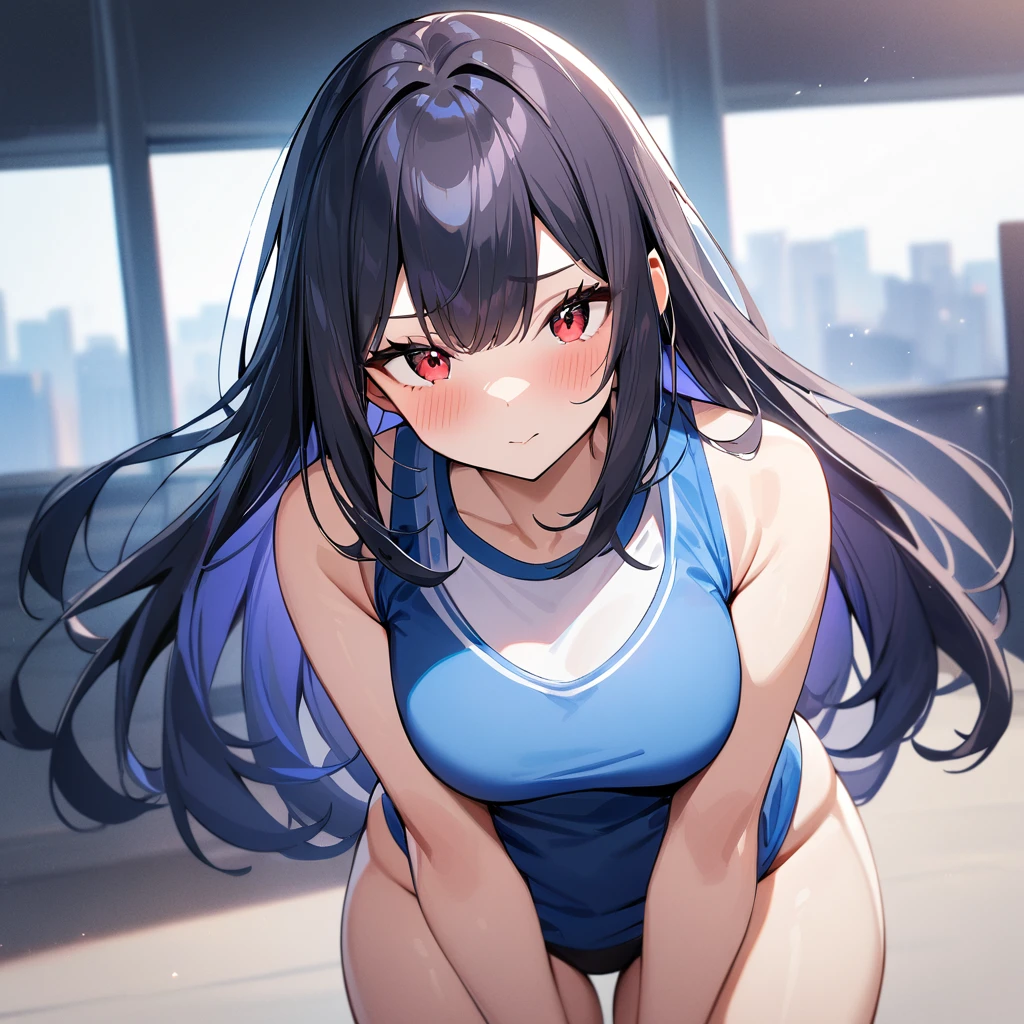 1 girl,Solo,(blue hair),black hair,red eyes,long hair,Tsurime,Curvy,best quality, very aesthetic, absurdres,straight,masterpiece, best quality, very aesthetic, absurdres,v arms,Thighs,cowboy shot