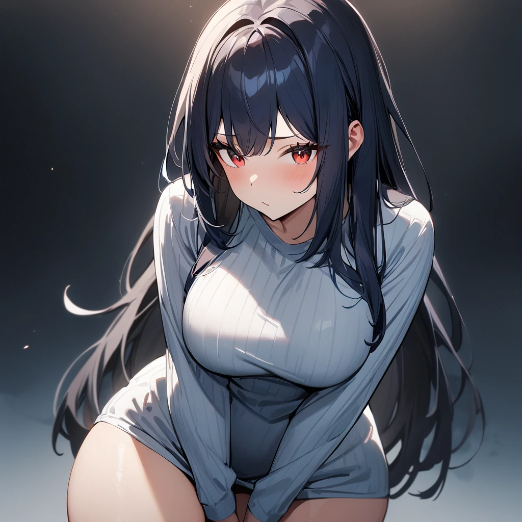 1 girl,Solo,(blue hair),black hair,red eyes,long hair,Tsurime,Curvy,best quality, very aesthetic, absurdres,straight,masterpiece, best quality, very aesthetic, absurdres,v arms,Thighs,cowboy shot