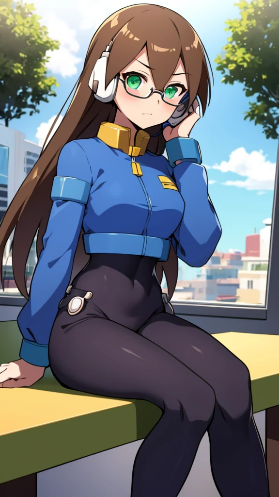 Aile_Megamanzx, 1 Girl, looking at viewer, Brown hair, Green eyes, Sky background , Blushed , Leaning on a table , Glasses , gaming clothes, gaming headphones, Cat Cosplay