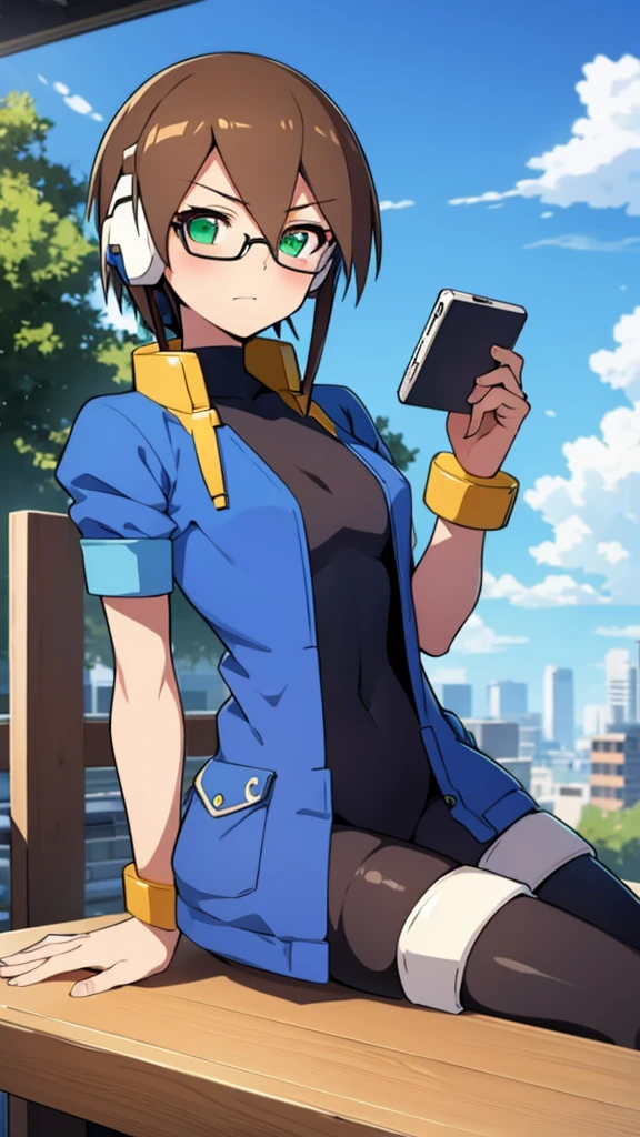 Aile_Megamanzx, 1 Girl, looking at viewer, Brown hair, Green eyes, Sky background , Blushed , Leaning on a table , Glasses , gaming clothes, gaming headphones, Cat Cosplay