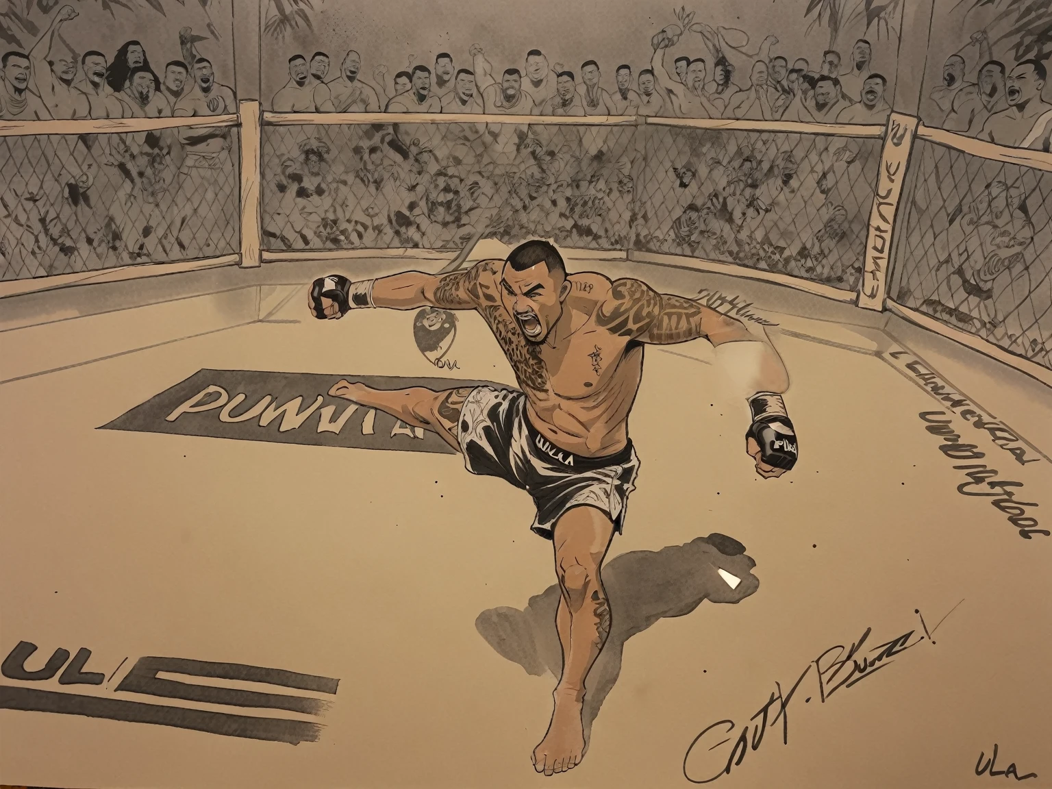 Max Blessed Holloway, ink and pen illustration, hand drawn splash panel, portrait, cel shading, strength, "I hope you guys are cheering for something", Puʻuwai, craftsmanship nuance, battle tested, heart of a fighter, cage fighting champion, Ula'ula, kumu, malama, pomaika 'i,

