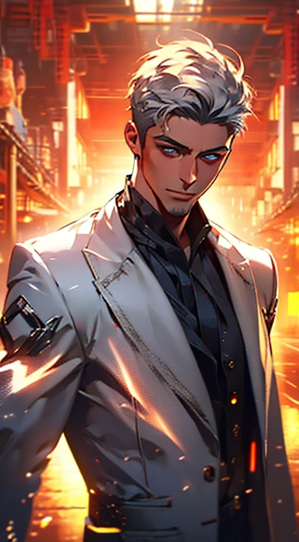 (best quality,4k,8k,highres,masterpiece:1.2),ultra-detailed,(realistic,photorealistic,photo-realistic:1.37),1 man,31 years old,mature man,very handsome,without expression,smile,short grey white hair,blue eyes,penetrating gaze,perfect face without errors,imposing posture,businessman,office background,cinematic lighting,hdr image