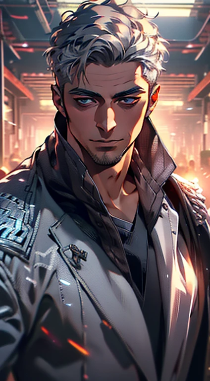 (best quality,4k,8k,highres,masterpiece:1.2),ultra-detailed,(realistic,photorealistic,photo-realistic:1.37),1 man,31 years old,mature man,very handsome,without expression,smile,short grey white hair,blue eyes,penetrating gaze,perfect face without errors,imposing posture,businessman,office background,cinematic lighting,hdr image