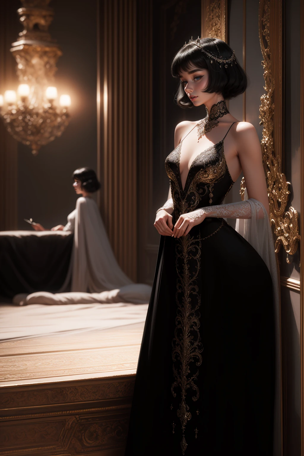 (Masterpiece - Ultra-Detailed, High Resolution) Prepare to be enchanted by a true masterpiece that combines ultra-detailed art with high-resolution rendering. This work shows a mesmerizing woman, with short, black hair, 1928s style, Audrey Hepburn (1.3) and captivating dark brown eyes (1.2), (brown eyes). New York illustration style, wearing red lipstick, emanating an aura of elegance and mystery. Wearing classic victorian dress 1928s clothing. Intricate details and realistic textures invite you to explore every aspect of this enchanting composition. Black dress. reading, writing, walking, backwards, lying down, standing, dynamic poses, mouth closed. Different posture , dynamic poses, mouth closed. Different posture, with chin resting on shoulder. Perfect fingers. Get ready to dive into a world where beauty and craftsmanship merge perfectly.