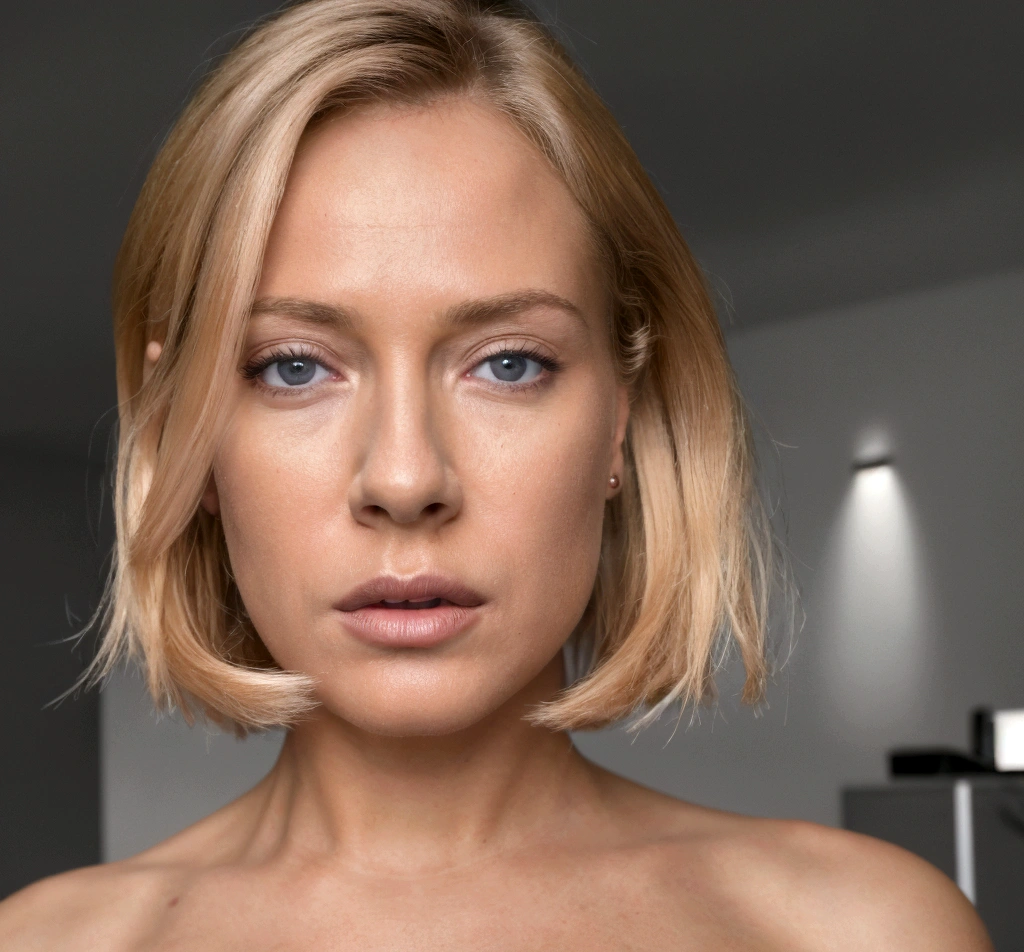 Alice Eve with short blonde hair, wearing a polka dot dress, slender figure, sad expression, detailed facial features, delicate skin, dramatic lighting, cinematic angle, high quality digital painting, muted color palette, photorealistic, 8k, masterpiece.