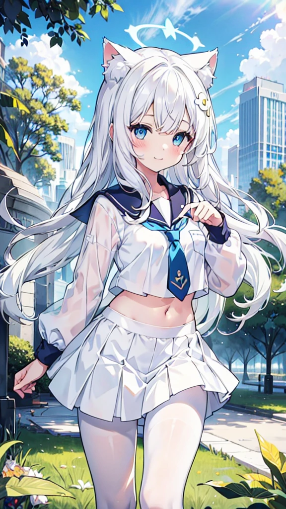 Sailor Suit，Navel，girl，White pantyhose，White hair，Long hair，Cat ear，Heterochromia blue-yellow，Smile，Female face，There are bright spots in the eyes，White little hands，Normal fingers，flat chest，in the park，Blue ring halo，White skirt，Blue tie