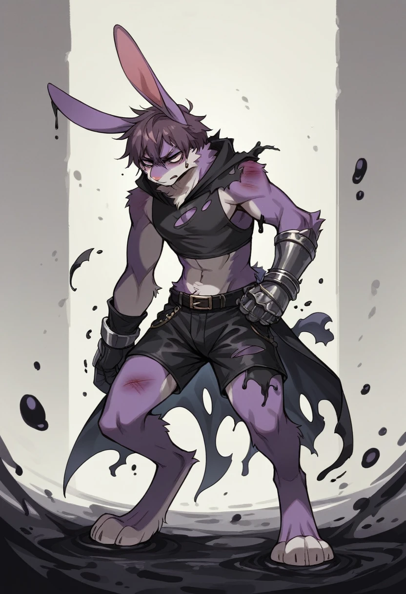 create a picture of a female half rabbit character with purple giant rabbit digitigrade legs with white paws, put purple rabbit ears on top of her head, make her wearing a black athletic tank top and black shorts, put purple fur on her arms from her elbows down, give her short brown hair, make her legs look fluffy and furry, make it in an anime style, make her outfit slightly tattered and torn, make her look super tired, give her black gauntlets, make the background look like a pitch black wet environment, cover her fur in black goo, make the black goo dripping from her arms and legs, make her look bruised, make her standing tall and determined, give her a black tattered cape and a large backpack,