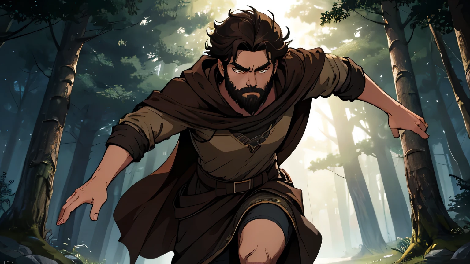 Worried-faced man with dark brown beard, long dark brown hair, light yellow-brown eyes and dark brown and light brown tunic from the 4th century BC. C., with a light brown cloak, about 50 years old, running in a dark and mysterious forest at night, running in the forest, changing lighting, hyper-realistic, cinematic lighting,