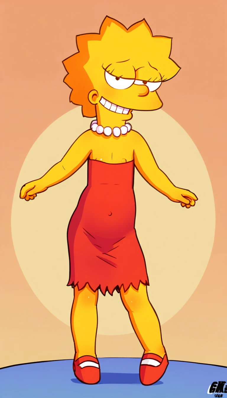 source_cartoon, (((1girl, solo, alone, lisa_simpson, short hair, flat chest, colored skin, yellow skin))), looking at viewer, smile,
red dress, red shoes, pearl necklace,
sexy pose, dynamic pose, dynamic angle, cowboy shot,
indoor, living room,
