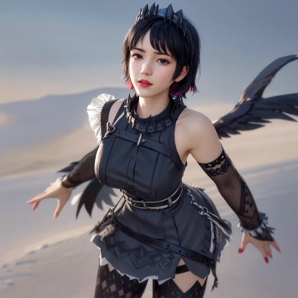 (best quality), masterpiece, Extremely detailed CG8K painting, high color, Extremely high color saturation, All colors are deepened, central composition, Extremely detailed light and shadow, The face and eyes are very detailed, medium length hair, sportswear, colorful clouds,beautiful nature,landscape,short black hair,white spaghetti strap dress,black hair,short hair,Punk style clothing,short black hair,maid outfit,Open navel,black stockings,black pantyhose,Medium breasts,hair to shoulders
