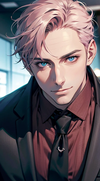 (best quality,4k,8k,highres,masterpiece:1.2),ultra-detailed,(realistic,photorealistic,photo-realistic:1.37),1 man,31 years old,mature man,very handsome,without expression,smile,short grey pink hair,blue eyes,penetrating gaze,perfect face without errors,imposing posture,businessman,office background,cinematic lighting,hdr image