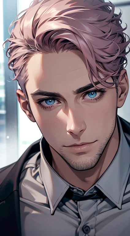 (best quality,4k,8k,highres,masterpiece:1.2),ultra-detailed,(realistic,photorealistic,photo-realistic:1.37),1 man,31 years old,mature man,very handsome,without expression,smile,short grey pink hair,blue eyes,penetrating gaze,perfect face without errors,imposing posture,businessman,office background,cinematic lighting,hdr image
