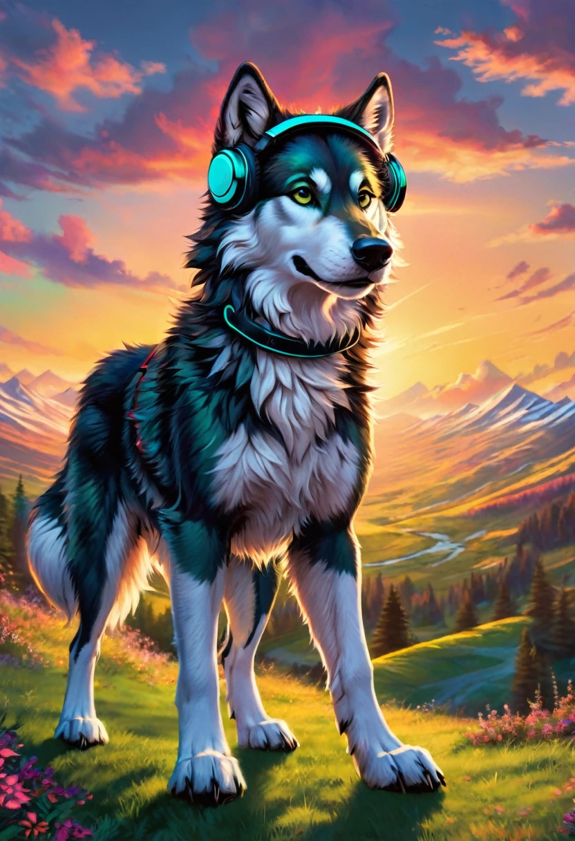 masterpiece, Highest quality, male, Wolf-like dog, Dark green fur, Strong Body, Gentle expression, Bushy tail, Quadrupedal, He is wearing black cordless headphones around his neck., A world of black and white, Contrast,Moderate:shape, Detailed dog fur, Vibrant colors, Playful expressions, Sharp focus, Detailed landscape, Whimsical atmosphere, Soft lighting, Delicate texture,