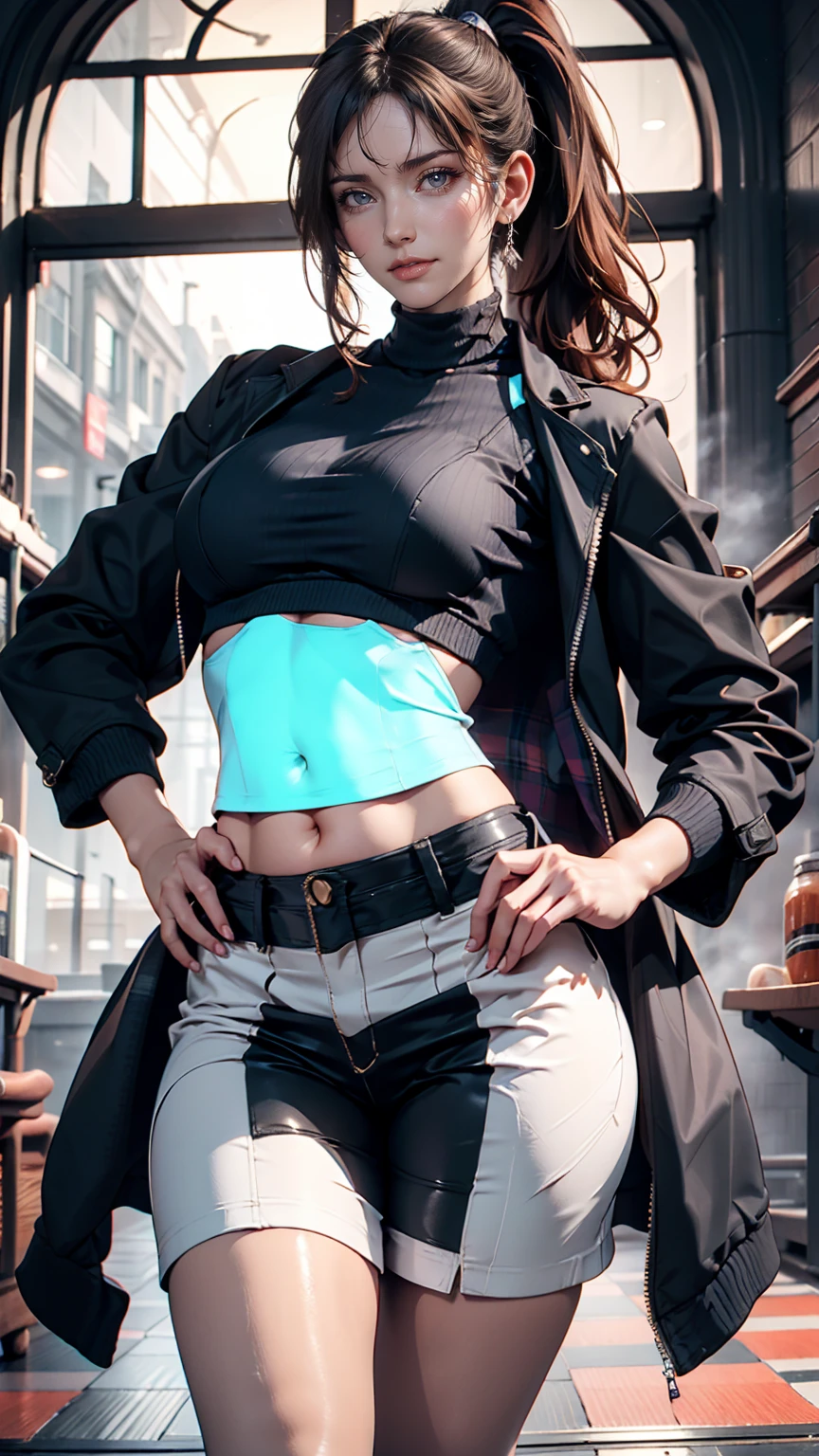 24-year-old female、Front Ponytail((front ponytail))、Brown Hair、Purple inner color、Midriff Jacket((midriff jacket))、I can see my belly button、Low-rise tiletto heels、Glass floor、Twist your upper body to look at the viewer、Put one hand on your hip、Sexy、Sexy proportions、adult、erotic、Narrow waist、Narrow waist、Process々Big Tits