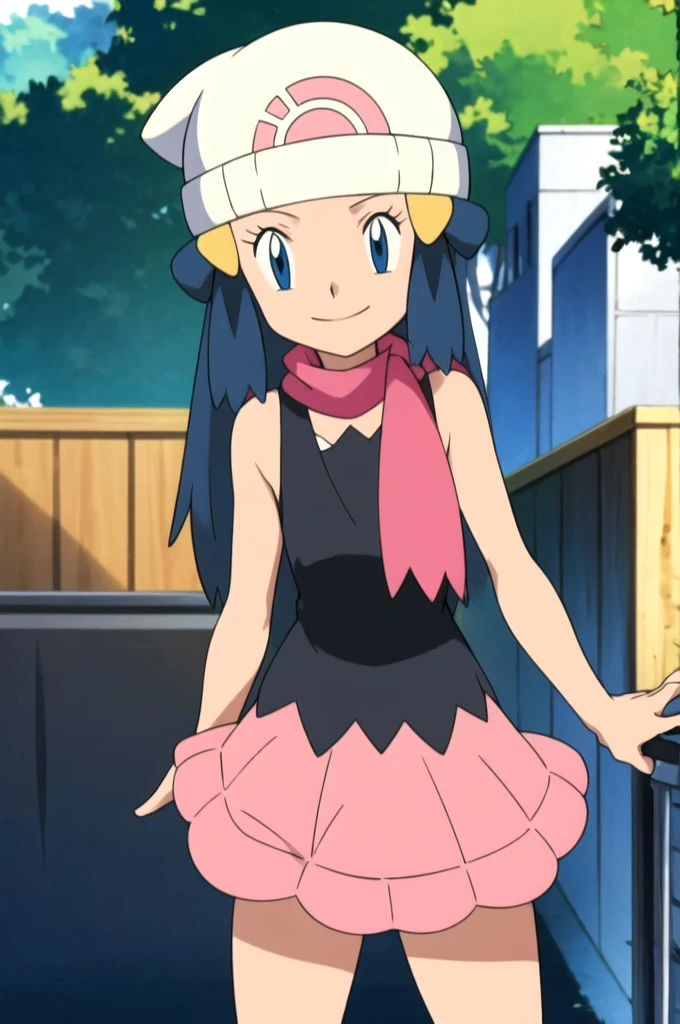 masterpiece, Highest quality, High resolution, One girl, alone, dawn (Pokemon), Pink scarf, Black Shirt, Pink Skirt, Have, Outdoor, Bare shoulders, smile