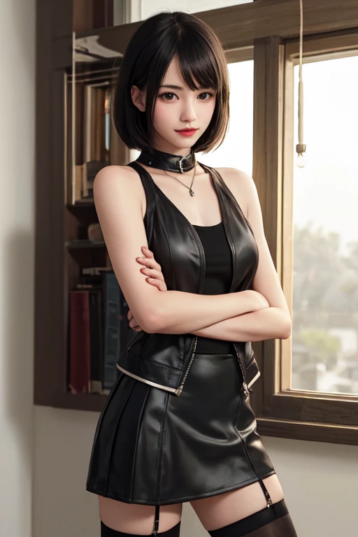 (best quality), masterpiece, Extremely detailed CG8K painting, high color, Extremely high color saturation, All colors are deepened, central composition, Extremely detailed light and shadow, The face and eyes are very detailed, medium length hair, sportswear, colorful clouds，beautiful nature，landscape，short black hair，white spaghetti strap dress，black hair，short hair，Punk style clothing，Black thin shoulder strap vest，Black skirt，Black small jacket，black knee socks，Medium breasts