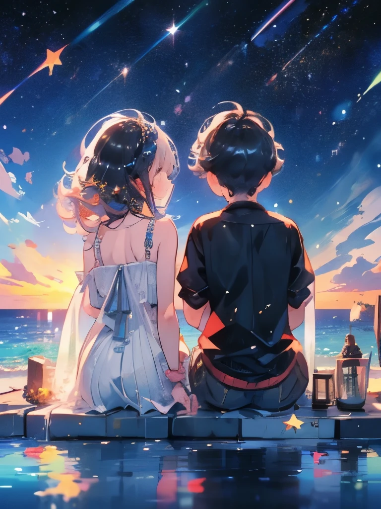 masterpiece、(((Boy and girl sitting on a breakwater)))、Ocean、Back view、milky way、((shooting star))、Upper Body