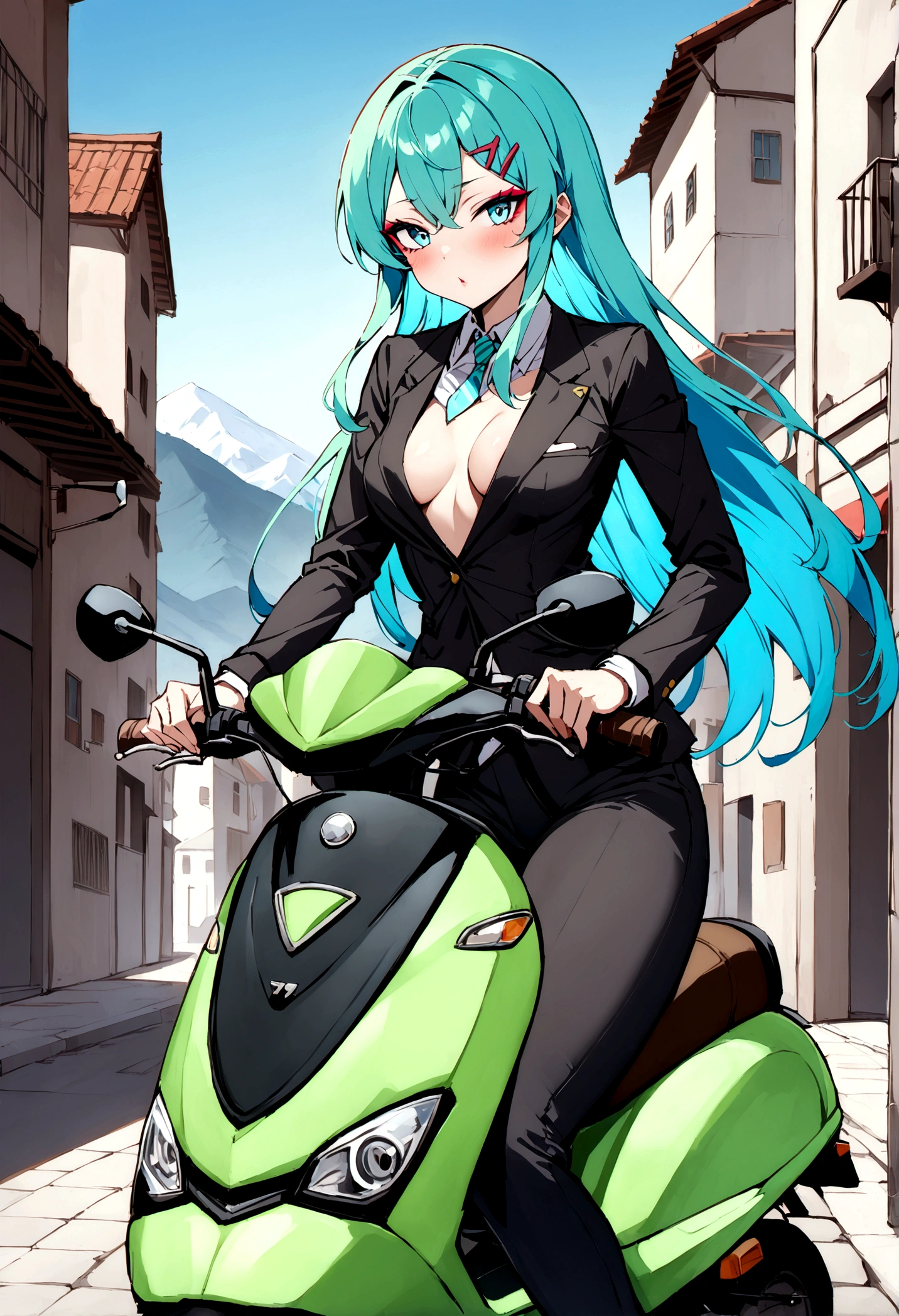 (score_9, score_8_up, score_7_up), lum, solo, long hair, bangs, green hair, blue eyes, aqua hair, tiny horns, eyeshadow, large breasts, looking at viewer, blush, (masterpiece), perfect sexy female body, (sexy and seductive pose:1.3), street, mountain, EPsoaSinon, short hair, aqua hair, aqua eyes, hair between eyes, (hair ornament:1.2), hairclip, sidelocks, small breasts, riding, business suit, black pants, white collared shirt, kanedabike,bigscooter,