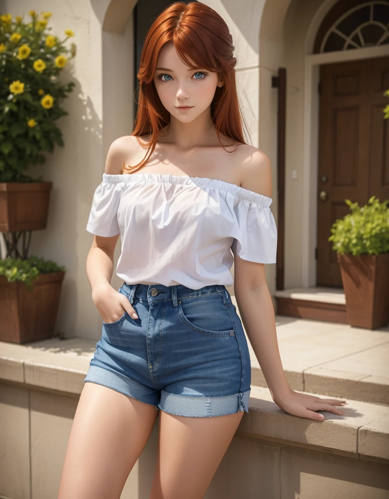 18 year old young girl, long haired redhead with blue eyes, Short white off-the-shoulder shirt, bright blue short jean shorts, serious look, sexy, short brown boots with white, Greetsndo, Greets