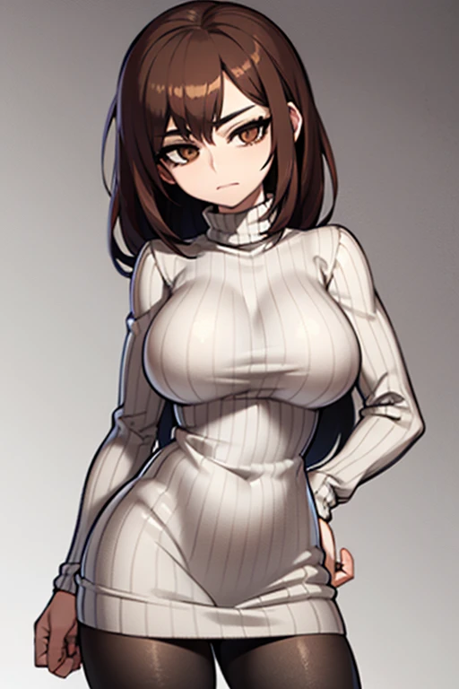 best quality, 1girl adult, slim hips, pale skin, brown hair, medium hair, straight hair, brown eyes, extra big breasts, grey ribbed sweater dress, pantyhose