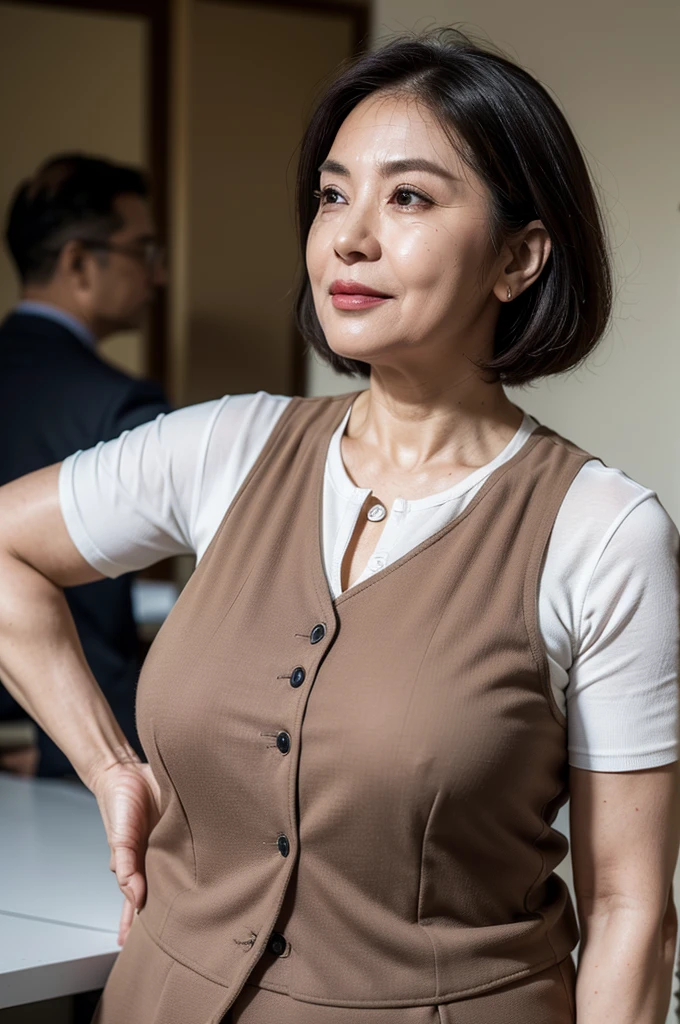(masterpiece:1.4),(Beautiful 61 year old woman:1.5),(Facial wrinkles : 1.2), (facing away : 1.3), white skin, pores, skin blemishes, dull skin, gentle smile, bob hair, maternal, Mature Woman, upper body shoot, office worker, (smooth fabric), (polyester black vest with button), black pencil skirt, white short sleeve shirt, (fat arms : 1.25), (plump arms : 1.25), (focus on upper arms), working at bank, detailed backgrounds,