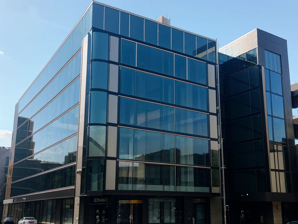 Big very large building in Double L shape intertwined.
Modern architecture, modern 4 storeys building, glass façade