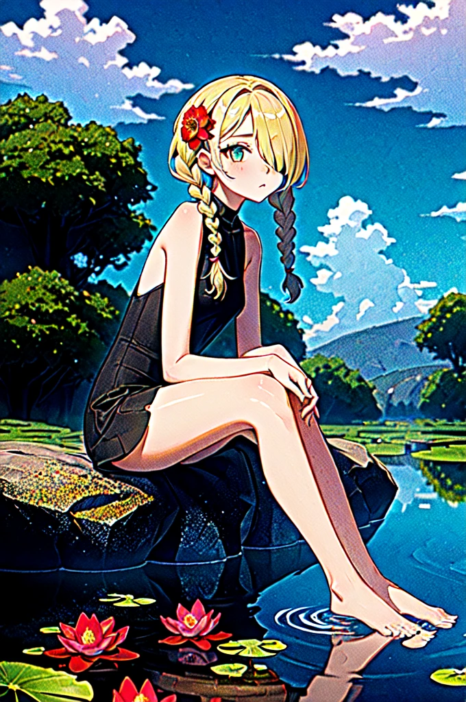 (best quality, masterpiece), (extremely detailed:1.3), 8k, (1girl), scenery, HDR, (fractal art:1.2), flat color, pastel colors, water, reflection, pond, big lily \(flower\), sitting on a rock,, one eye visible through hair, twin braids, twin drills,