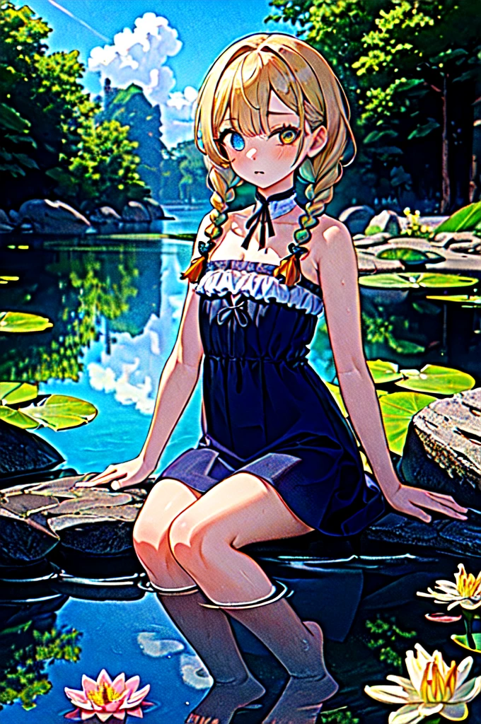 (best quality, masterpiece), (extremely detailed:1.3), 8k, (1girl), scenery, HDR, (fractal art:1.2), flat color, pastel colors, water, reflection, pond, big lily \(flower\), sitting on a rock,, one eye visible through hair, twin braids, twin drills,