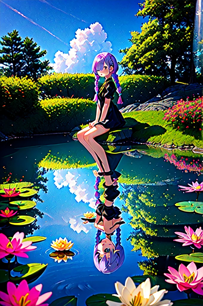 (best quality, masterpiece), (extremely detailed:1.3), 8k, (1girl), scenery, HDR, (fractal art:1.2), flat color, pastel colors, water, reflection, pond, big lily \(flower\), sitting on a rock,, one eye visible through hair, twin braids, twin drills,