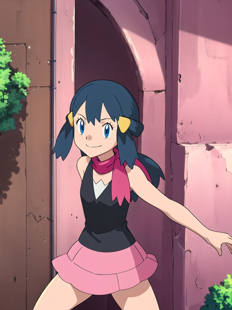 masterpiece, Highest quality, High resolution, One girl, alone, dawn (Pokemon), Pink scarf, Black Shirt, Pink Skirt, Have, Outdoor, Bare shoulders, smile