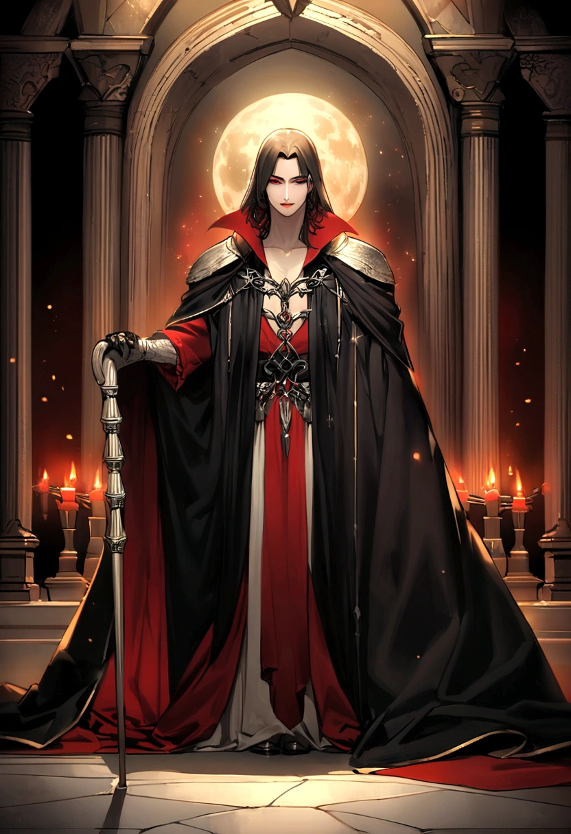 He is standing in the palace hall, emanating a presence that inspires respect and awe. Your figure is thin and aged, with skin pale as the moon and deeply wrinkled by the passing of centuries. His eyes are intense red like burning embers, shining with the wisdom and power accumulated throughout his long life as a vampire.He holds an ebony cane with intricate carvings, which appears to be both an accessory and an extension of his own power. Every detail of the cane reflects your high position and strength among vampires., a constant reminder of his advanced age and indisputable experience.Dressed in a black robe and silver ornaments that sparkle in the candlelight, he radiates an aura of authority that does not need words to be recognized. Around her, the hall of the Gothic palace echoes with the ancient story of his reign, with tapestries that depict their achievements and victories over the centuries.His serious, stern face reflects decades of difficult decisions and responsibilities inherent in leadership among vampires.. His thin lips occasionally curve into an enigmatic smile., revealing a glimpse of dark humor that contrasts with his austere appearance.He stands in the center of the hall like a legendary figure, a keeper of ancient secrets and a respected leader among vampires, ready to face any challenge that threatens your dark kingdom and position of power.