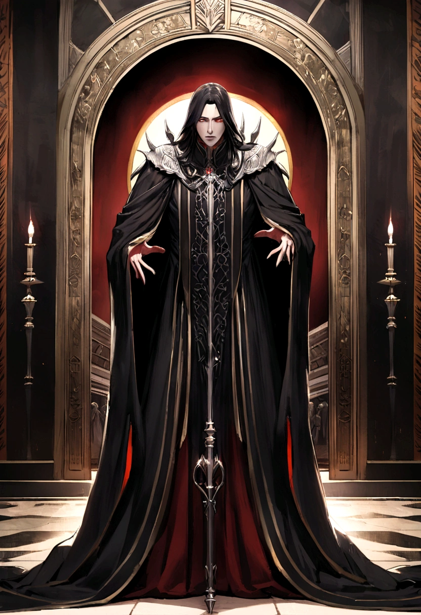 Greek God Thanatos as a young man with pale skin and black hair. He is tall and slender, and his eyes are black. His body is covered in tattoos, and he wears a crown of thorns. His face is beautiful, but it is also cold and emotionless. He has a fine mouth and full lips, and his nose is straight and fine. His eyes are big and dark. He wears a long white robe that trails on the ground. The tunic is adorned with images of snakes and skulls. He wears a black cloak over his shoulders, and a crown of thorns on his head. He carries a sword in his right hand. The sword is long and sharp, and is made of black obsidian. Background a field of black flowers. Full moon lighting.